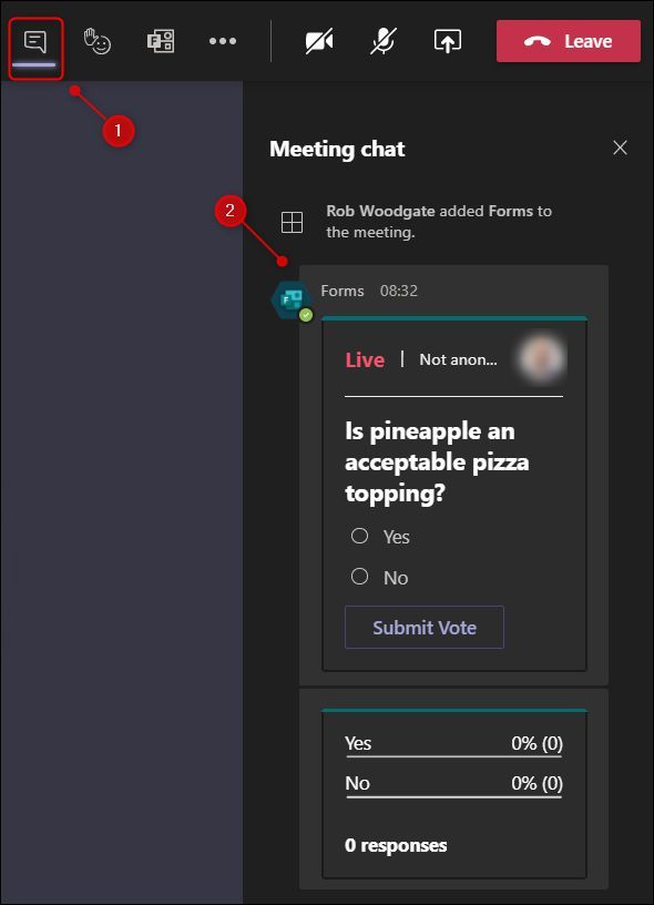 The &quot;Chat&quot; icon in the meeting, and the &quot;Chat&quot; flyout panel.