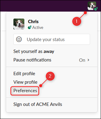 The &quot;Preferences&quot; option on the user menu.