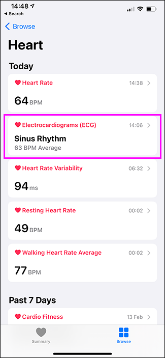 health app showing ECG option highlighted