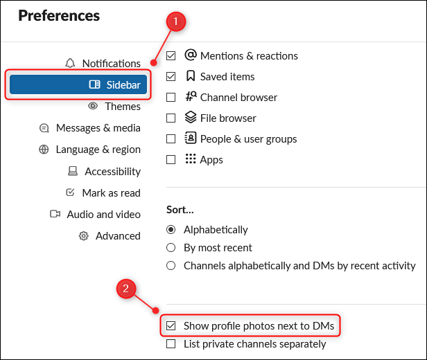 The &quot;Show profile photos next to DMs&quot; option in the Preferences panel.