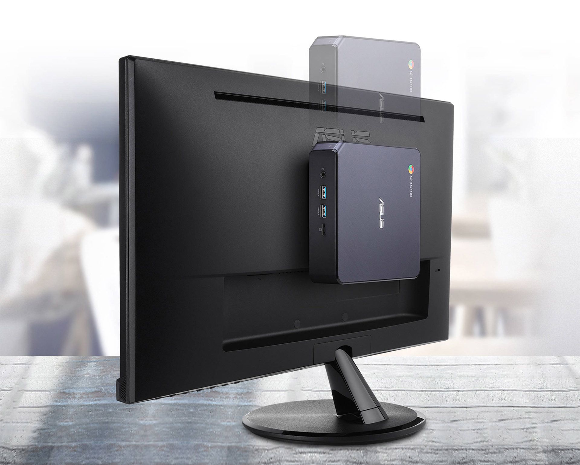 Showing the Chromebox 4's vesa mount on a monitor
