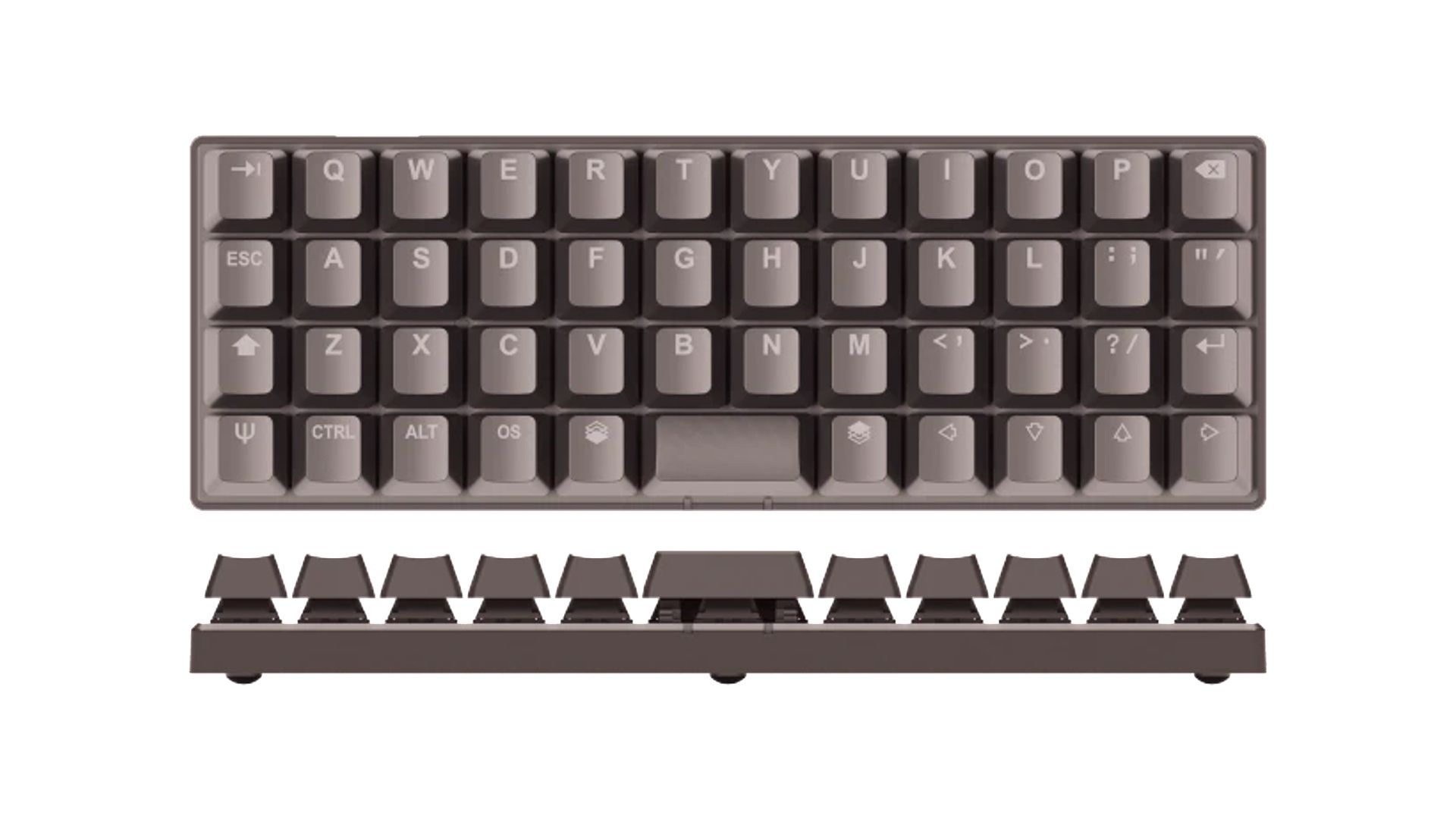 The Planck EZ, a small pre-assembled ortholinear keyboard.