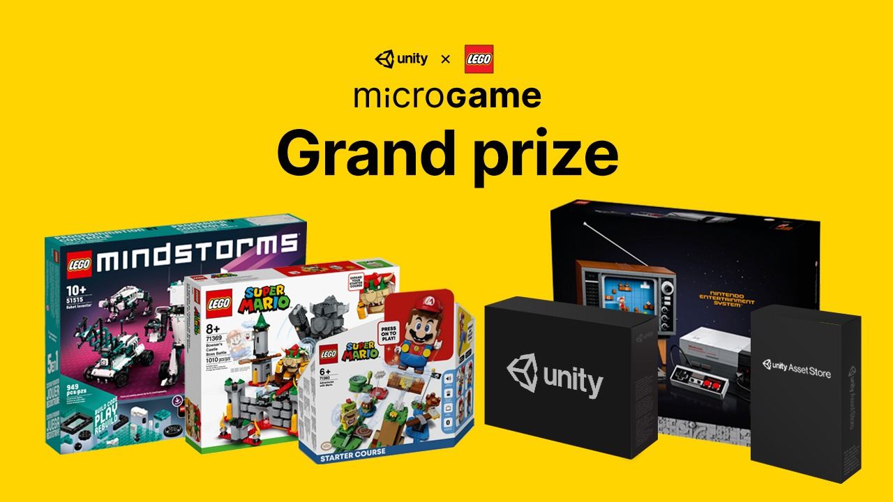 A picture of the grand prizes, including four LEGO sets, and two unity assets.