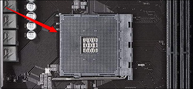 Close-up of a CPU socket on an AMD-compatible board.