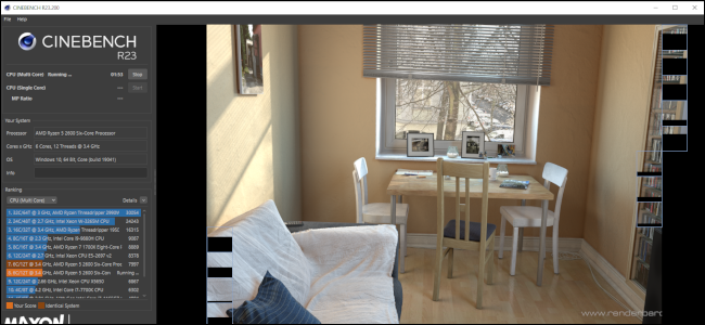 Cinenbench R23 running a test by rendering an image of a table and chairs with a couch in the foreground.