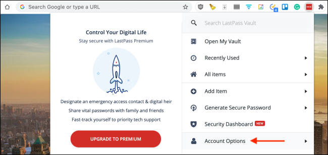 Click Account Options from LastPass Extension