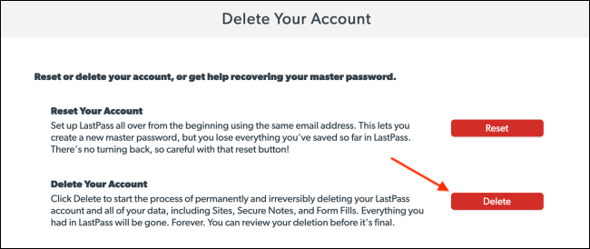Click Delete From LastPass Delete Your Account Page