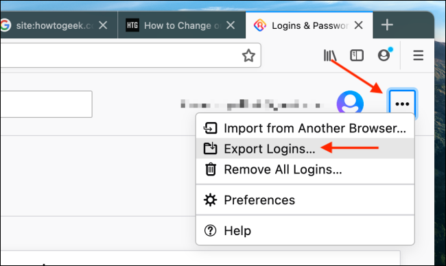 Click Export Logins in Firefox