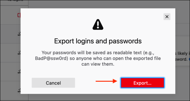 Click Export from Firefox