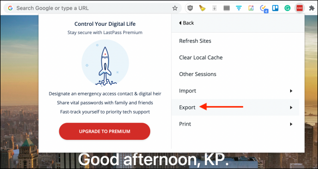 Click Export from LastPass Extension