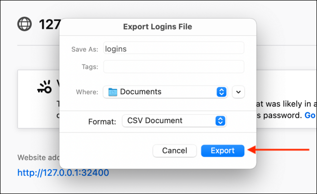Click Export in Firefox