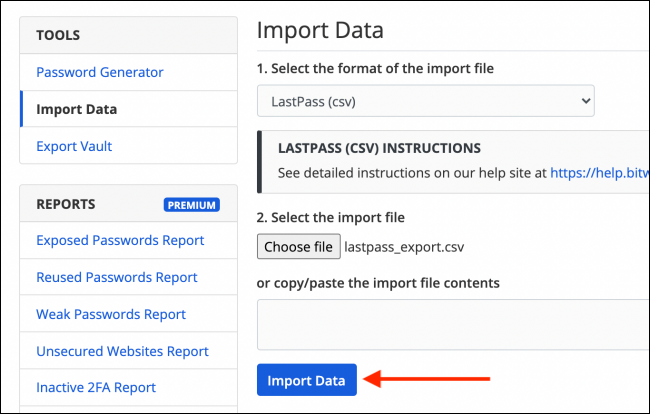 Click Import Data to Import LastPass CSV Passwords to Bitwarden
