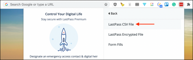 Click LastPass CSV File from LastPass Extension