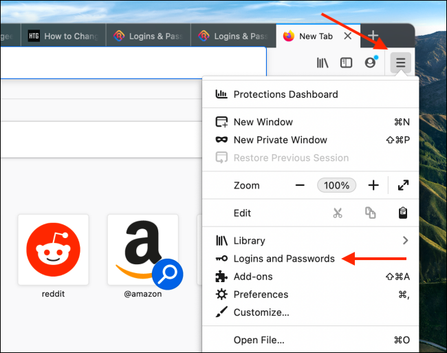 Click Logins and Passwords from Firefox Menu
