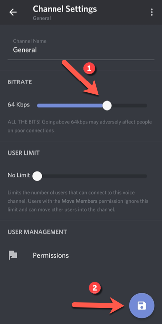 In the &quot;Channel Settings&quot; menu, move the &quot;Bitrate&quot; slider up or down to change the bitrate quality levels, then tap the &quot;Save&quot; button.