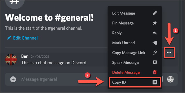 To copy a Discord message ID, hover over a message, then press the three-dots option. From the menu, press the "Copy ID" option.