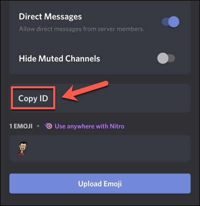 To copy a Discord server ID on mobile, tap the server ID, then tap "Copy ID" in the options panel below.