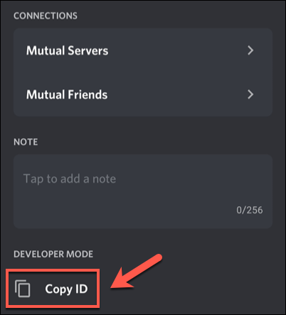 To copy a user ID using developer mode, tap the username in the channel user list or in your server's wider members list, then tap the &quot;Copy ID&quot; option.