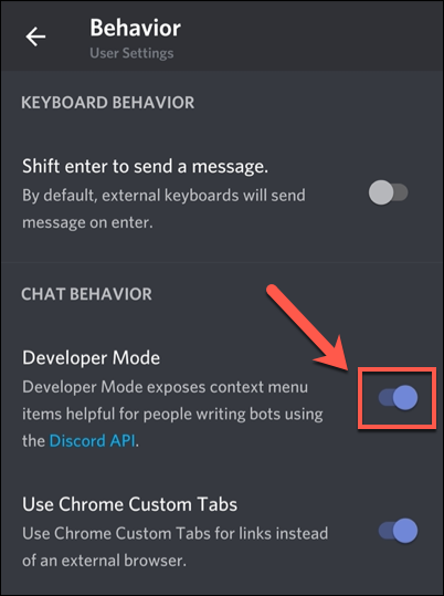 To enable Discord developer mode, tap the "Developer Mode" slider.