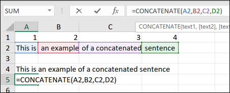 An example of various text strings combined using the Excel CONCATENATE function.
