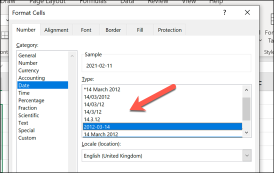 In the &quot;Format Cells&quot; menu, select your date value type from the &quot;Date&quot; menu before pressing the &quot;Custom&quot; option.