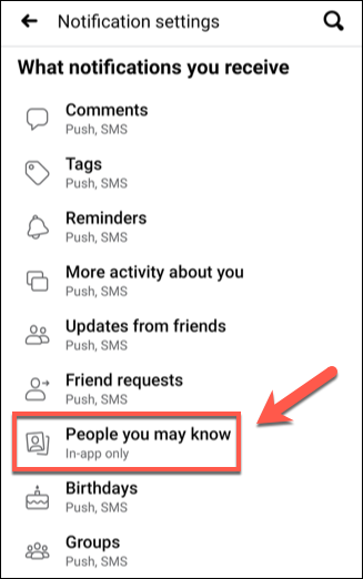 Tap "People You May Know" in the "Notification Settings" menu.