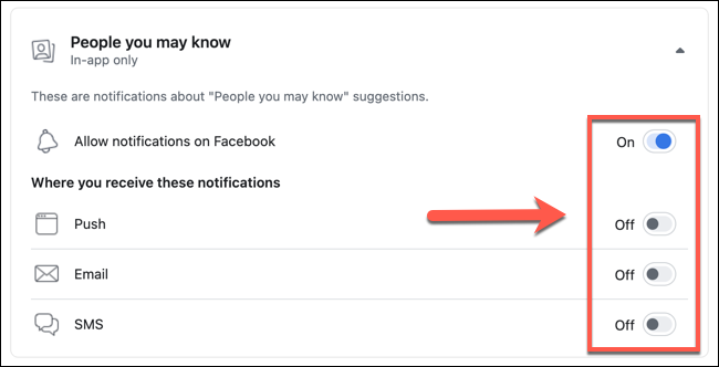 Tap the sliders next to the various options listed in the "People You May Know" settings menu to disable specific friend suggestions, or press "Allow Notifications On Facebook" to disable them entirely.