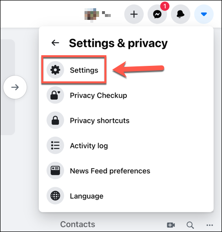To open the Facebook settings menu on the web, press the downwards arrow icon in the top right, then select Settings & Privacy > Settings.