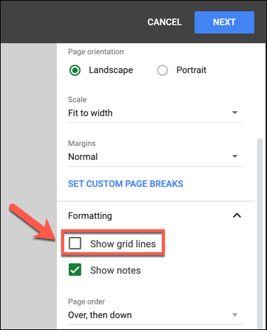 In the "Print Settings" menu, press Formatting > Show Gridlines to remove visible gridlines from your document before printing.