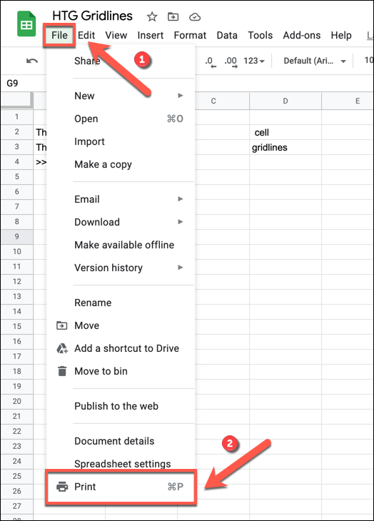 To begin printing a Google Sheets spreadsheet, press File > Print.