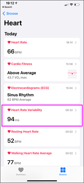 health app HRV highlighted