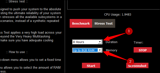 Two numbered arrows pointing to Asus Realbench's duration and RAM usage settings.