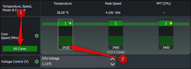 Two numbered arrows pointing at the All Cores button, and the text entry box for changing core speeds in Ryzen Master.