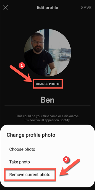 Tap your photo (or the &quot;Change Photo&quot; option), then tap &quot;Remove Current Photo&quot; to remove it from your profile.