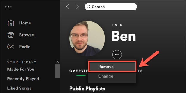 Spotify users on Windows can remove an existing profile picture by pressing Change > Remove in the profile menu.