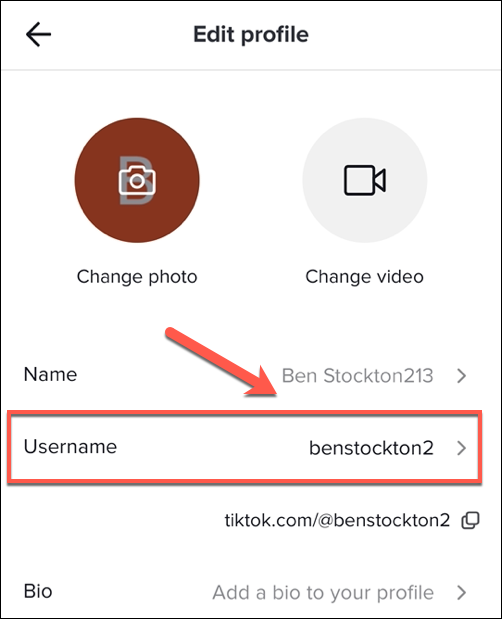 Tap the "Username" option in the "Edit Profile" menu to change your TikTok username.