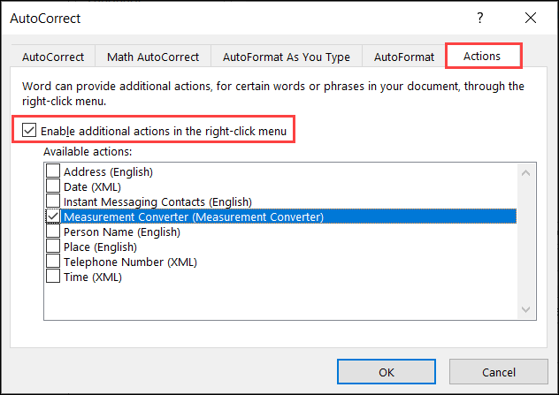Check boxes for Enable Actions and Measurement Converter