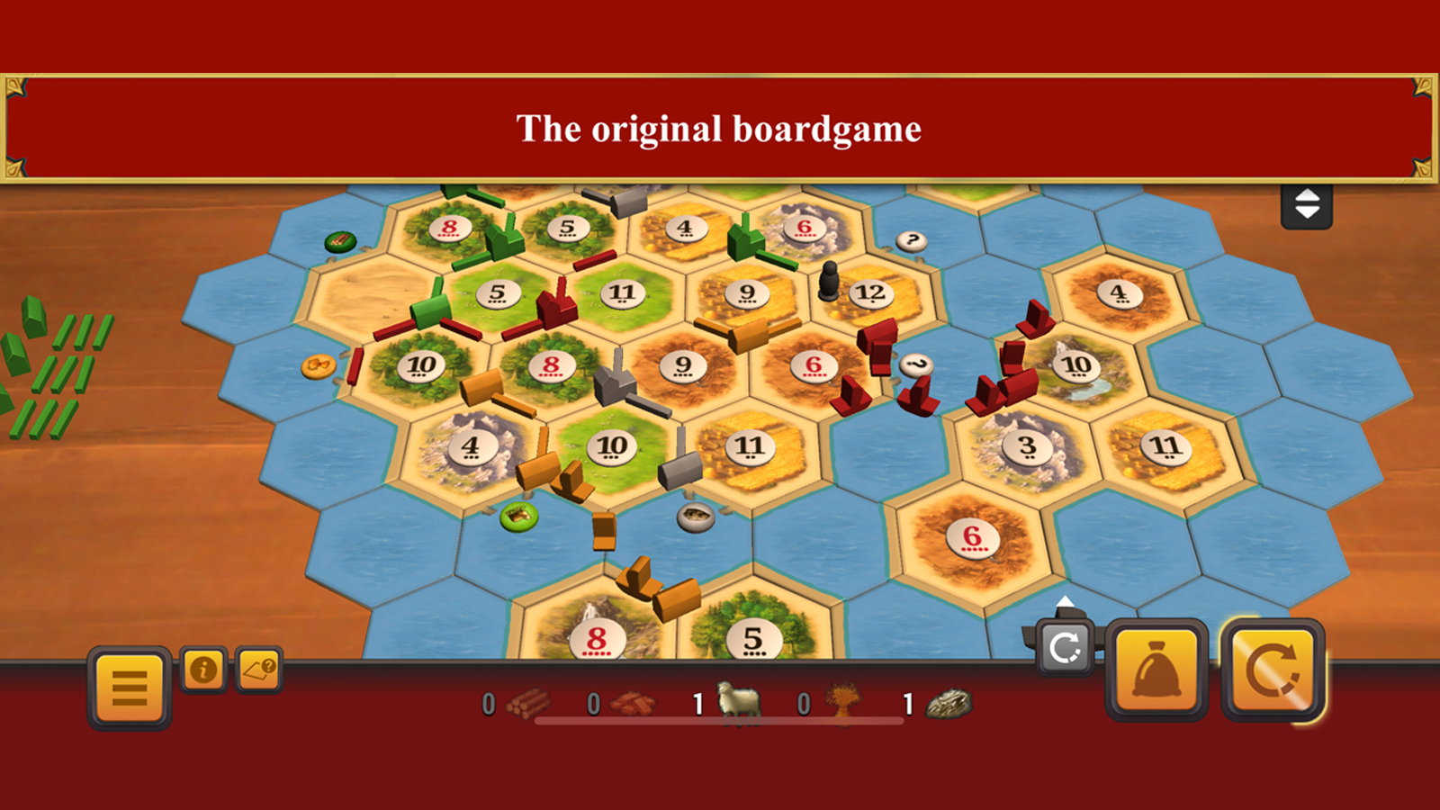 Catan gameplay with player settlements and resource cards