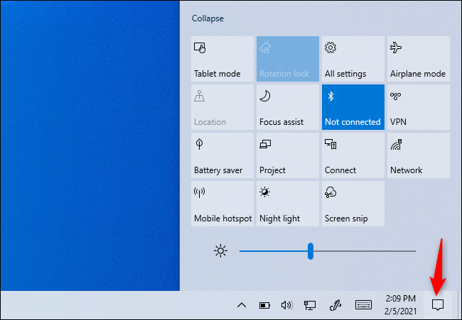 The brightness slider in Windows 10's Action Center.