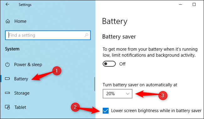Battery Saver brightness settings in Windows 10's Settings app.