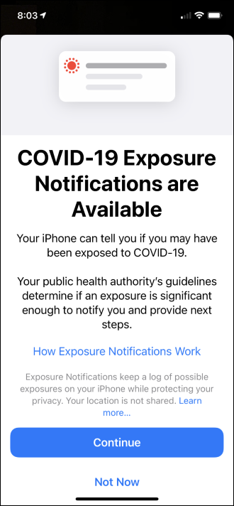 The COVID-19 Exposure Notifications are Available notification on an iPhone.