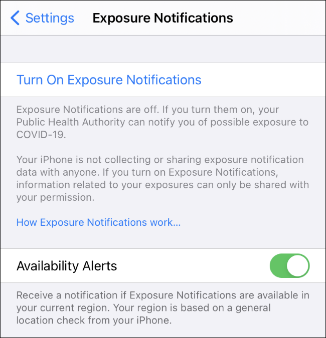 The Availability Alerts setting for COVID-19 exposure notifications on iPhone.