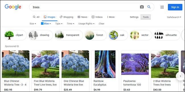 Examples of "Blue" trees in Google Image search results.