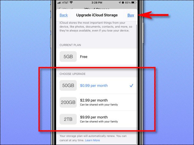 Choose the iCloud storage plan you want, then tap "Buy."