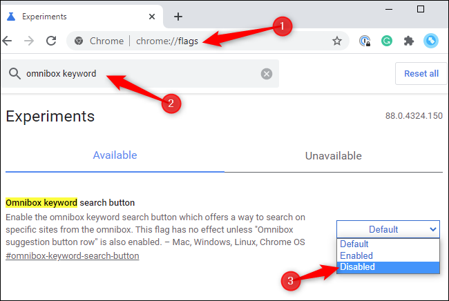 Disable the &quot;Omnibox keyword search button&quot; feature.