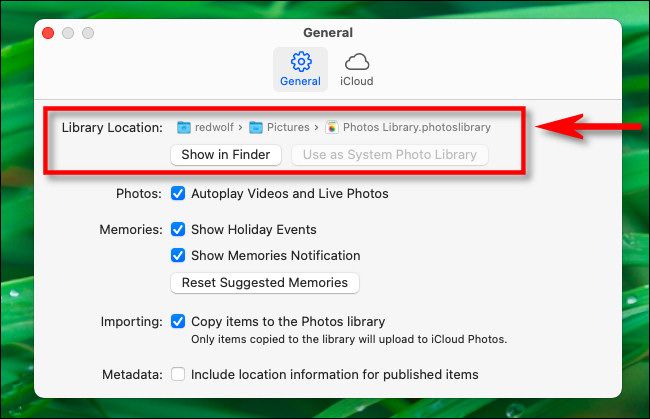 In Photos Preferences, locate the "Library Location" section, and you'll find the path to the library file.