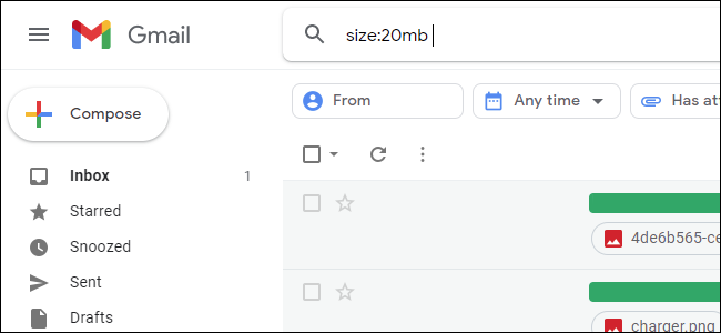 Searching for emails over 20MB in size in Gmail.