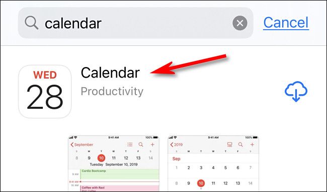 In the App Store, tap "Calendar" in the search results.