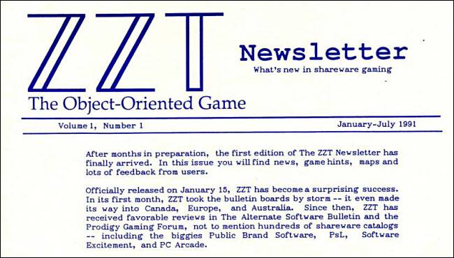 The first issue of ZZT Newsletter from 1991
