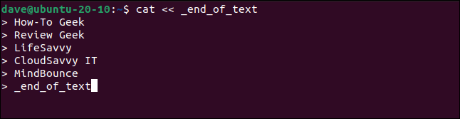 here document typed on the command line in a terminal window